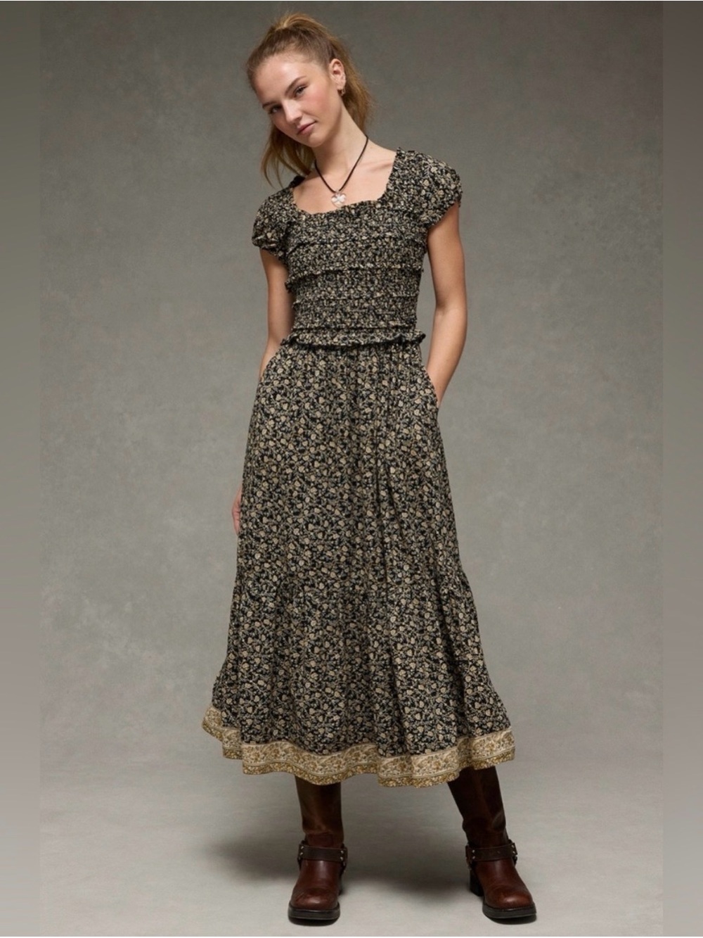 Smocked Floral Midi Dress in Black and Cream 100% Cotton
